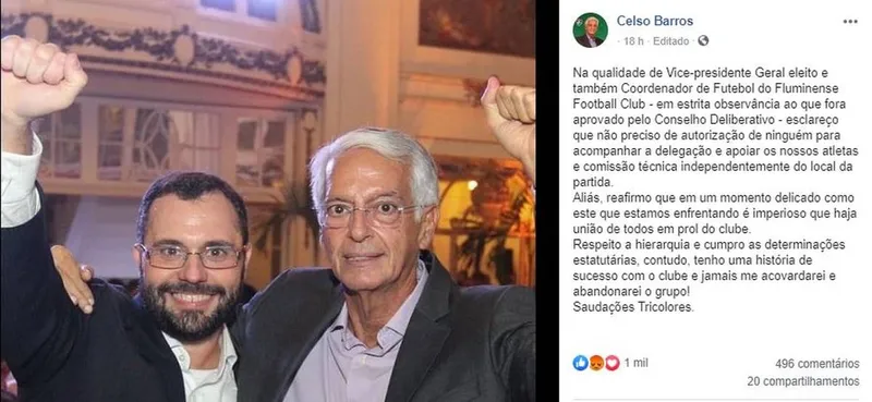 Vice-presidente Celso Barros (dir) ao lado do presidente do Fluminense, Mário Bittencourt: divergências expostas em rede social