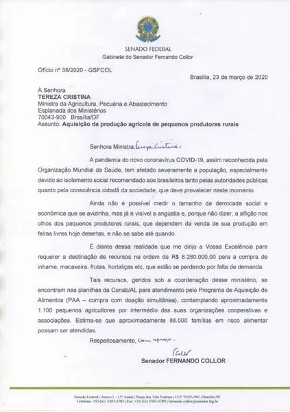 Collor enviou ofícios aos Ministérios da Agricultura, Cidadania e à Conab solicitando a aquisição da produção