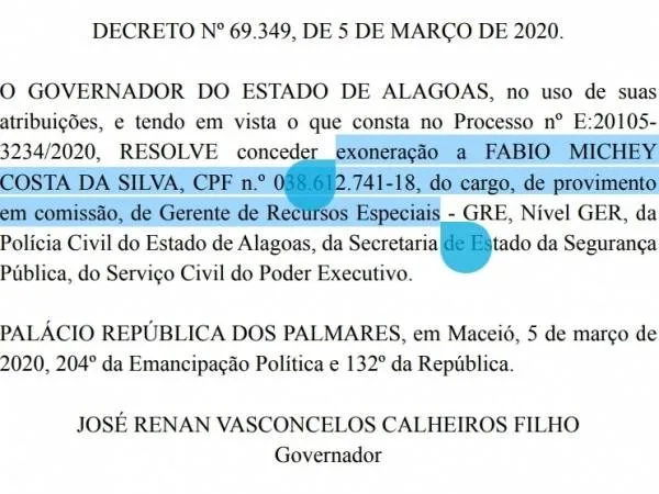 Decreto com a exoneração do delegado Fábio Costa foi publicado na edição de sexta-feira do Diário Oficial