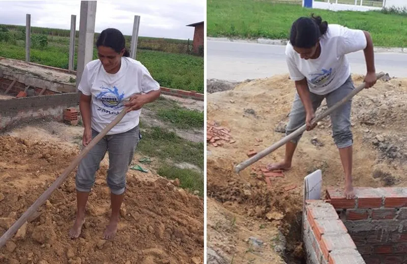 Depois de uma semana trabalhando na área de saúde com a comunidade, Uilza Gonçalves ajuda a construir o templo