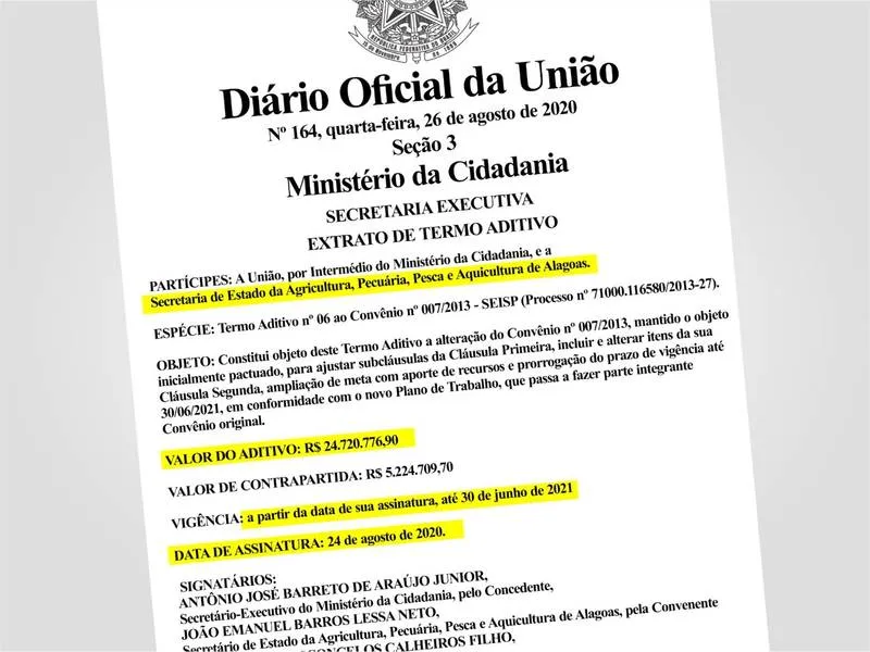 Contrato assinado após ação de Collor é publicado no Diário Oficial da União trazendo o valor do aditivo
