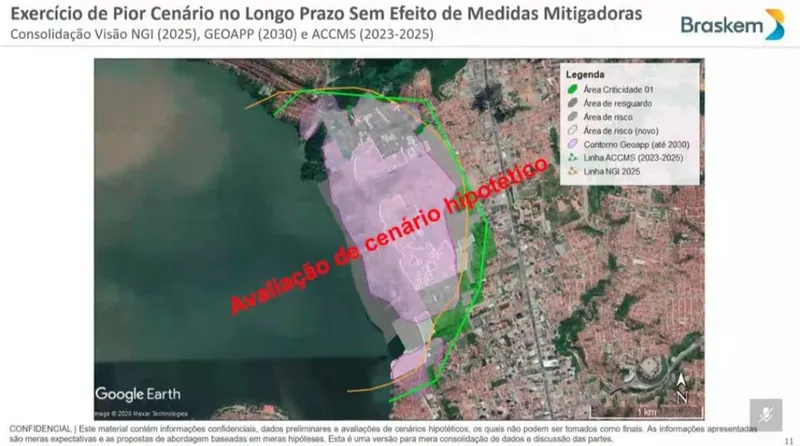 Mapa mostra impacto que desmoronamento de minas de sal-gema da Braskem terá na região do Bom Parto e Mutange