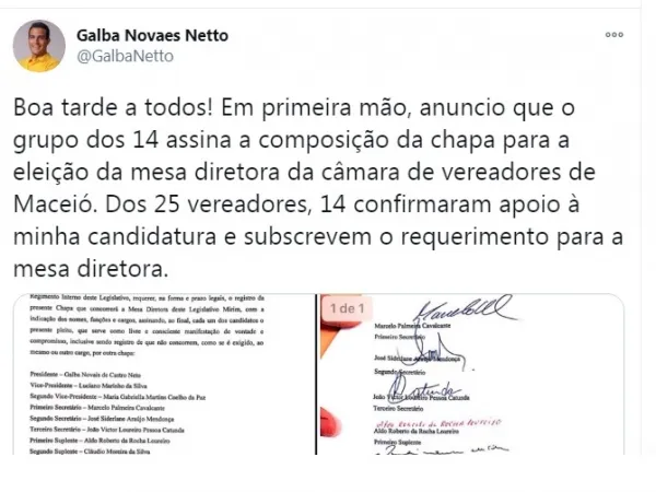 Galba Netto publicou no Twitter a lista com os nomes dos 14 vereadores que o apoiam