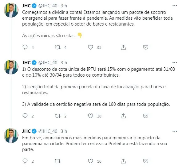 Prefeito JHC fez o anúncio do pacote de ajuda aos empresários por meio de uma postagem no Twitter