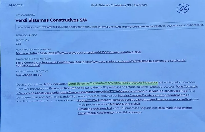Documento mostra que a empresa Verdi tem 665 processos em tramitação na Justiça