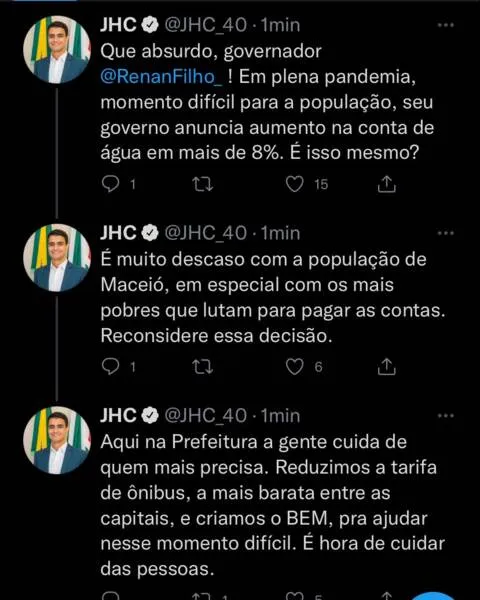 Em seu comentário no Twitter, JHC ainda questiona Renan Filho para saber se o reajuste é mesmo verídico