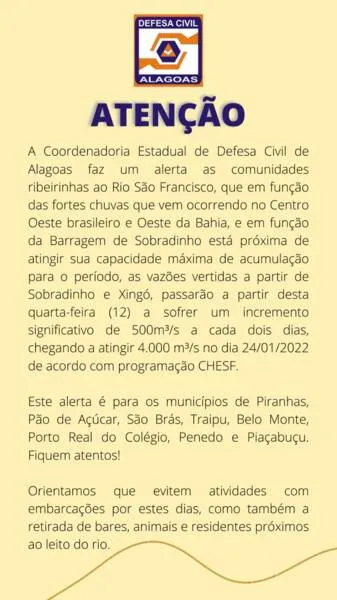 Imagem ilustrativa da imagem DEFESA CIVIL ALERTA PARA AUMENTO DE VAZÃO NO RIO SÃO FRANCISCO