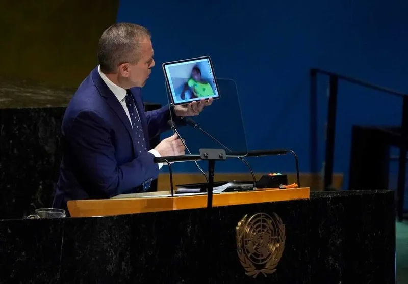 Gilad Erdan, Permanent Representative of Israel to the United Nations, speaks during the 10th Emergency Special Session (resumed) 39th plenary meeting on the Israeli-Palestinian conflict at the United Nations, in New York, October 26, 2023. Hamas's armed wing said Thursday that "almost 50" Israeli hostages held by its militants in the Gaza Strip have been killed since Israel began bombarding the Palestinian territory. (Photo by TIMOTHY A. CLARY / AFP)