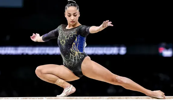 Júlia Soares durante a prova da trave, aparelho da Ginástica Artística, nas Olimpíadas de Paris