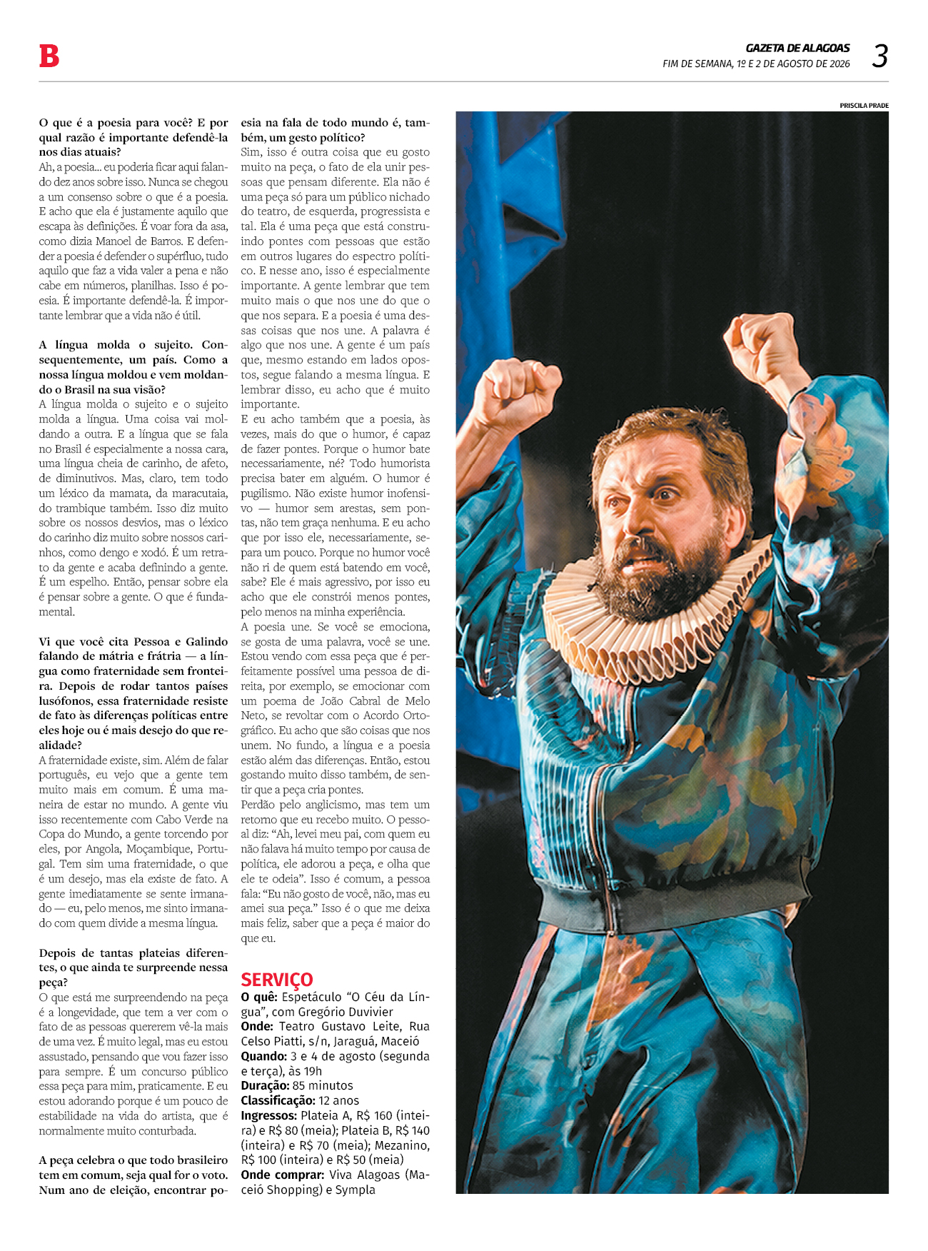 Gregório Duvivier chega a Maceió com 'O Céu da Língua' e diz que a poesia pode unir o país