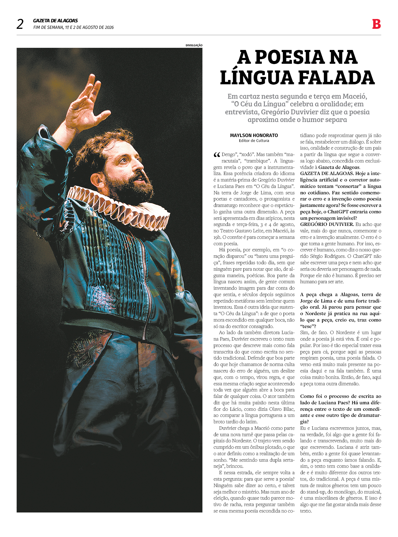 Gregório Duvivier chega a Maceió com 'O Céu da Língua' e diz que a poesia pode unir o país