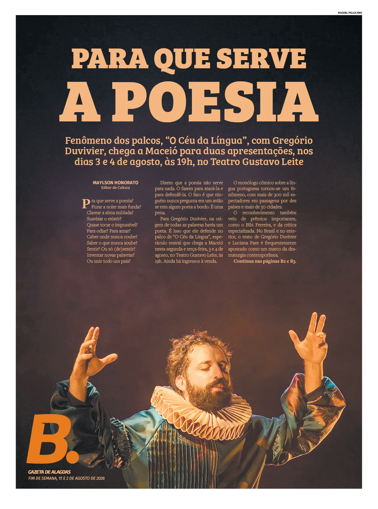 Gregório Duvivier chega a Maceió com 'O Céu da Língua' e diz que a poesia pode unir o país