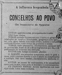 Orientações para conter avanço da gripe espanhola eram semelhantes às que hoje são dadas acerca do coronavírus