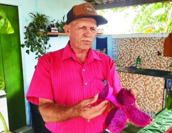 Antônio Lucas, produtor rural, apresentando a pitaia cultivada em sua propriedade