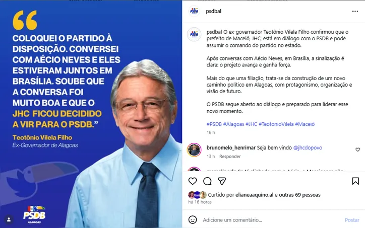 Postagem na conta oficial do PSDB em Alagoas confirma diálogo entre o prefeito JHC e o partido