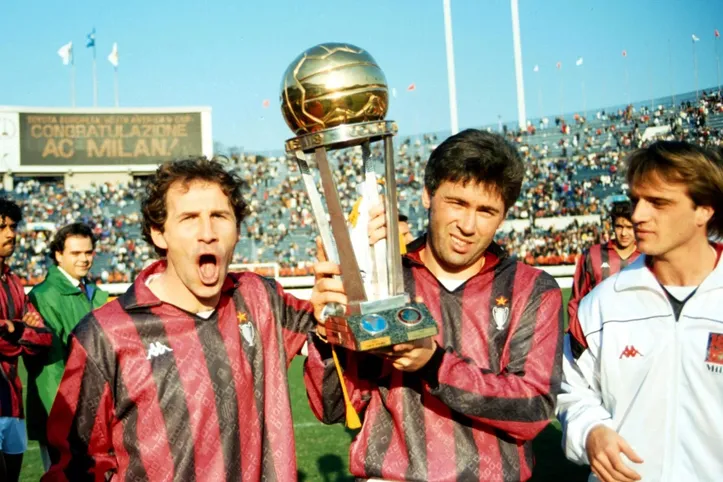 Baresi (E) jogou com Ancelotti (D), técnico do Brasil, no Milan