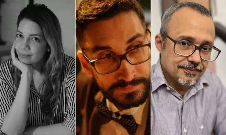 Guilherme de Miranda Ramos, à direita, ao lado dos outros vencedores da 23ª edição do Prêmio Sesc de Literatura: Mariana do Nascimento Ramos (romance) e Anacã Agra (conto)