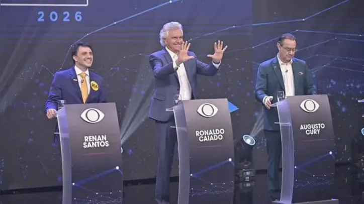 Ronaldo Caiado, Renan Santos e Augusto Cury durante debate