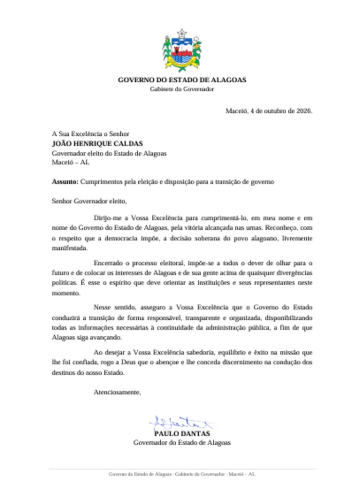 Carta de Paulo Dantas ao governador eleito, JHC