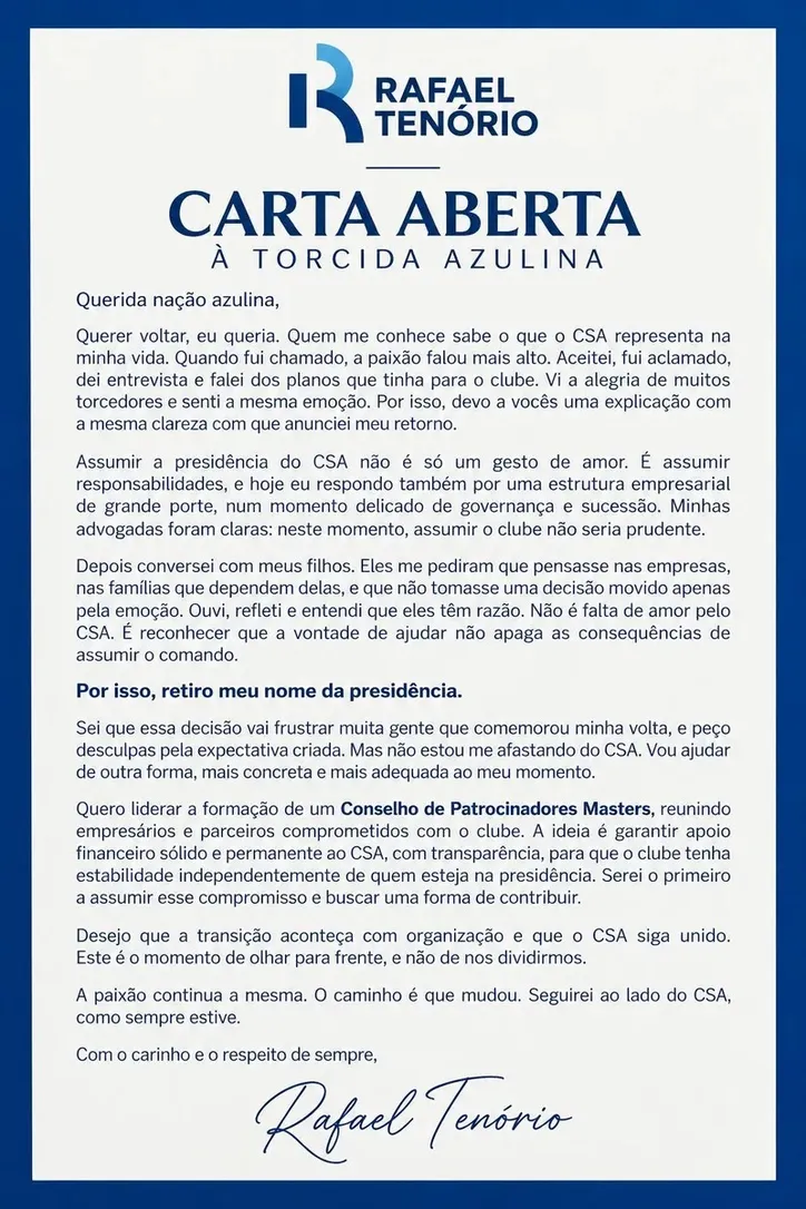 Carta da desistência de Rafael Tenório da presidência do CSA